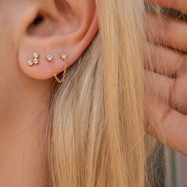 Double stud earrings, Connected earrings with chain, dainty stud earrings, double earrings in sterling silver and 14k gold