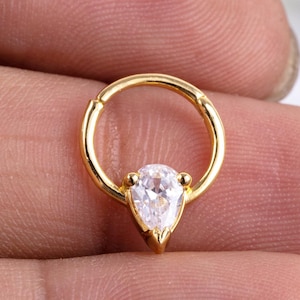 Bonnie 14k Gold Drop Stone Helix Piercing Single Pear Diamond 14K Solid Gold Piercing Lab Diamond Nose Clicker Pear Diamond Septum