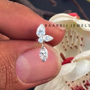 Pendiente con rosca de diamante de laboratorio en forma de marquesa con una sola lágrima de Diane / Pendiente de oro macizo de 14 quilates / Perforación con forma de marquesa de 16, 18 y 20 g