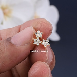 Brinco de diamante natural Skylar, piercing de ouro maciço 14K, brinco de conjunto de ouro 10K para mulheres, brinco de estrela para meninas