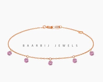 Elegant Solid Gold Rainbow Diamond Bracelet: Delicate Pink Color Stone Gift