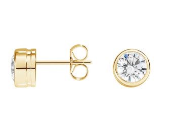 Nadia Solid Gold Moissanite Stud Earrings: Round Diamond, Bezel Set