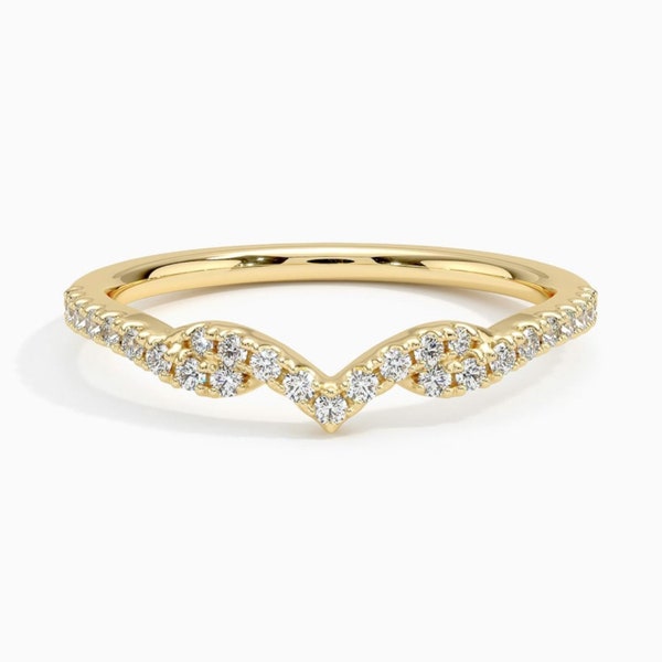 Darcie Round Chevron Shape Lab Diamond Ring / V shape Band/ Real Solid Gold Band For Everyday Wear