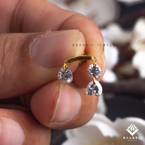 Annette Double Floating Heart and Round Diamond Drape Helix 14K Gold Piercing, Unique Ear Set Up 16g 18g 20g Threaded Flatback Stud