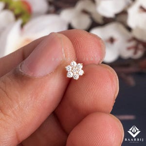 Ailani Single 14K Solid Gold Round Natural Diamond flower Stud earring / Flower Piercing stud for Her/ unique piercing idea for her