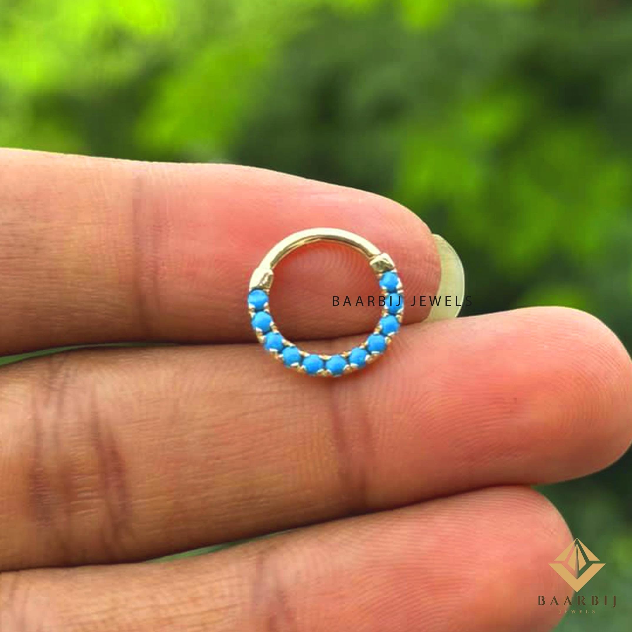 Solid Gold Turquoise Blue Septum Ring: Dainty Daith Piercing