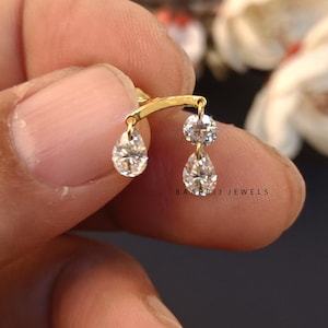 Perforación de oro de 14 quilates con doble pera flotante y diamante redondo de Shirley, configuración única para oreja, perno con parte posterior plana roscado de 16 g, 18 g y 20 g