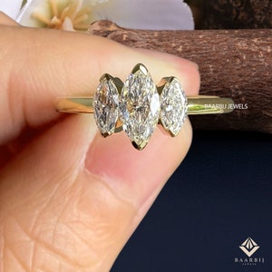 Melany Marquise lab Grown Three Stone Ring: 18k Gold Engagement Ring