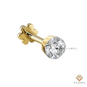 Single diamond Invisible Set 14K Gold Round Natural Diamond Stud Piercing stud for Her