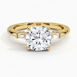 Cassidy Cushion Moissanite Three Stone Ring: Tapered Baguette Engagement Ring