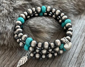 Navajo Pearl Handmade Two Row Wrap Bracelet ~ German Silver Beads & Turquoise!