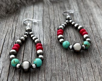 Navajo Pearl Handmade Teardrop Earrings with Turquoise and Coral Acai Beads ~ German Silver beads!