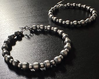 Handmade Sterling Silver Navajo Pearl Hoop Earrings ~ 4mm and 6mm ~ Dramatic Style!