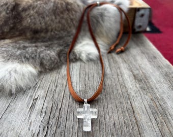 Artistic Glass Cross Pendant On Soft Brown Leather ~ Slider Style & Adjustable!