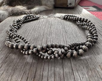 Handmade 3-Strand Navajo Pearl Necklace, German Silver Beads