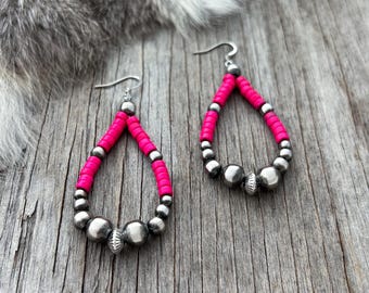 Navajo Pearl Handmade Teardrop Earrings with Pink Heishi Beads ~ German Silver beads!