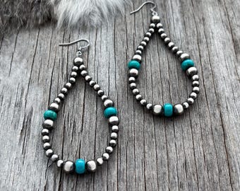 Navajo Pearl Handmade Teardrop Earrings with Blue Turquoise & German Silver beads!