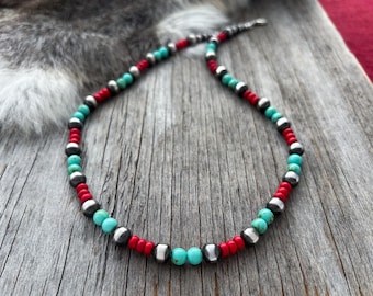 Navajo Pearl Handmade Necklace with Turquoise and Coral Acai Beads ~ German Silver beads!