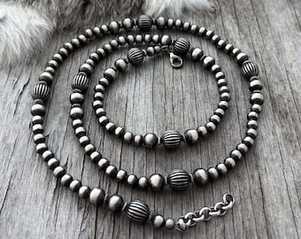 Navajo Pearl Necklace with 6 and 8mm German Silver beads and Mini Saucer beads ~ Lovely Round Pumpkin Beads!