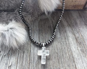 Handmade German Silver Navajo Pearl Cross Pendant Necklace