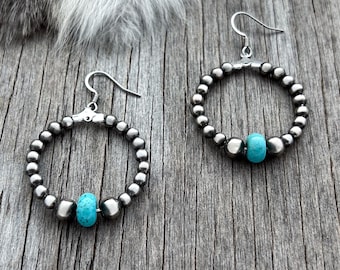 Navajo Pearl Handmade Small Size Hoop Earrings with Turquoise & German Silver beads!