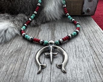 Navajo Pearl Handmade Necklace with Sand Cast Style Naja Pendant ~ German Silver beads!