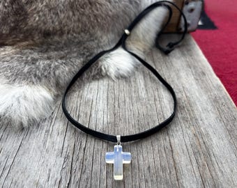 Artistic Soft Blue Glass Cross Pendant On Lux Black Leather ~ Slider Style & Adjustable!