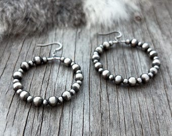 Navajo Pearl Handmade Medium size Hoop Earrings ~ 4 & 6mm German Silver beads!