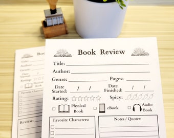 May include: A printable book review template with sections for title, author, genre, pages, date started, date finished, rating, spicy level, favorite characters, notes and quotes, and review. The template includes checkboxes for physical book, ebook, and audiobook.