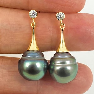 13 mm hangoorbellen Tahiti-aangekweekte Zuidzeeparel, 18k geelgoud op 925 sterlingzilver #SE481