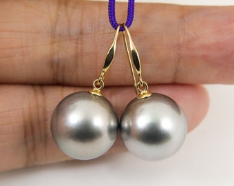 Genuine Tahitian Pearl Dangle Earrings, Massive 13.9mm Seawater Cultured Pearls, 14K Solid Yellow Gold #E2507