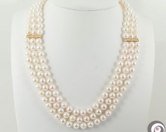 Triple Strand Genuine White Akoya Cultured Pearl Necklace, Solid 14K Yellow Gold #AN929