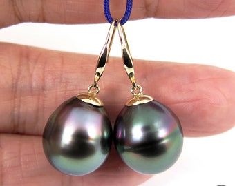 14K Solid Gold Hook Dangle Earrings with Massive 14 x 16.7mm Genuine PEACOCK Tahitian South Sea Pearls #E2201