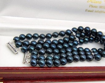 Classic Triple Strand Peacock Blue Japanese AKOYA Seawater Pearl Bracelet, Blue Sapphire & 14K White Gold Clasp #B110