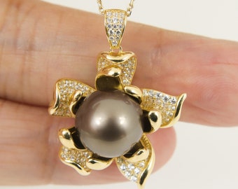 Natural Peacock Genuine TAHITIAN Pearl Pendant, Floral 18K Gold Over 925 Sterling Silver #SP1744