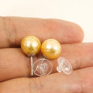 Genuine South Sea Cultured Pearl Stud Earrings, Faceted Natural Golden Seawater Pearls #SE465