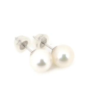 8.1mm White Genuine Japanese Akoya Seawater Pearl Stud Earrings, 14k Solid Gold #E2443