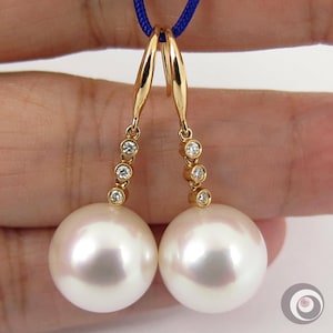 Huge White South Sea Pearl Earrings, Diamonds, 18K Solid Yellow Gold, 13.5mm Top Grade Genuine Seawater Cultured Pearls #E2365