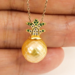 Pineapple Designed Facettierte Südsee Perle Anhänger Halskette, 18K Gelbgold auf 925 Sterling Silber #SP1821