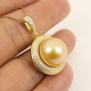 Natural Golden South Sea Pearl Enhancer Pendant, Massive 14.6mm Genuine Gold Seawater Cultured Pearl, 18K Yellow Gold on 925 Silver #SP1818