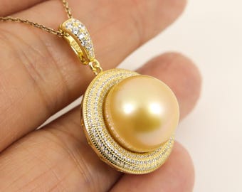Colgante de perla natural dorada de los mares del Sur, enorme perla cultivada en agua de mar de oro genuino de 14,6 mm, oro amarillo de 18 quilates sobre plata 925 n.° SP1818