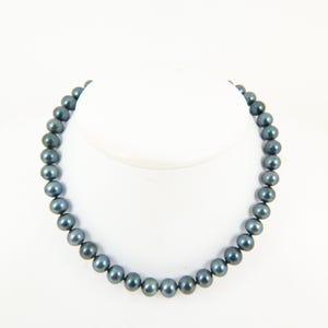 Blue Black Akoya Pearl Necklace, 6.5 - 7.4mm Genuine Seawater Cultured Pearls, 17.5 Inches/44 cm #AN159