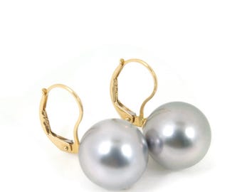 12.4mm Genuine Tahitian Pearl Lever-back Earrings, 18K Solid Yellow Gold #E2526