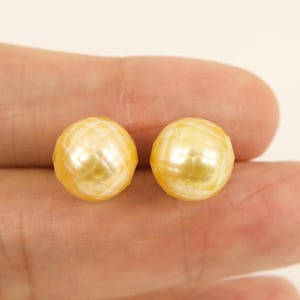 Genuine South Sea Cultured Pearl Stud Earrings, 11.5mm Faceted Natural Golden Seawater Pearls #SE466