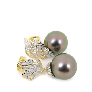 Massive 14.6mm Peacock Tahitian Pearl Dangle Earrings, Natural Color High Luster Pearls & 925 Sterling Silver #SE455