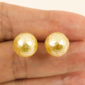 Genuine South Sea Cultured Pearl Stud Earrings, 12.3mm Faceted Natural Golden Seawater Pearls, 925 Sterling Silver #SE467