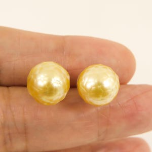 Genuine South Sea Cultured Pearl Stud Earrings, 12.7mm Faceted Natural Golden Seawater Pearls, 925 Sterling Silver #SE468