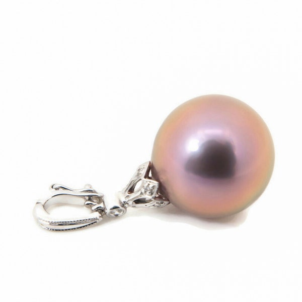 13.6x13.8mm Genuine Lavender Pink Edison Pearl Enhancer Pendant, 14K Solid White Gold & Diamonds #P5914