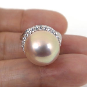 Enormous 15.7mm Edison Cultured Pearl Ring, 925 Sterling Silver & Cubic Zirconia #SR311
