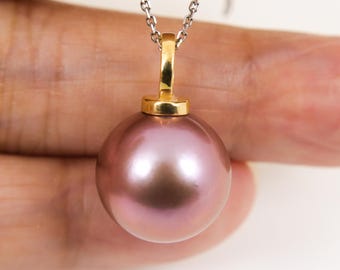 Solid 18K Yellow Gold Enhancer Pendant, Massive 14.9mm Genuine Round Edison Freshwater Pearl #P6123